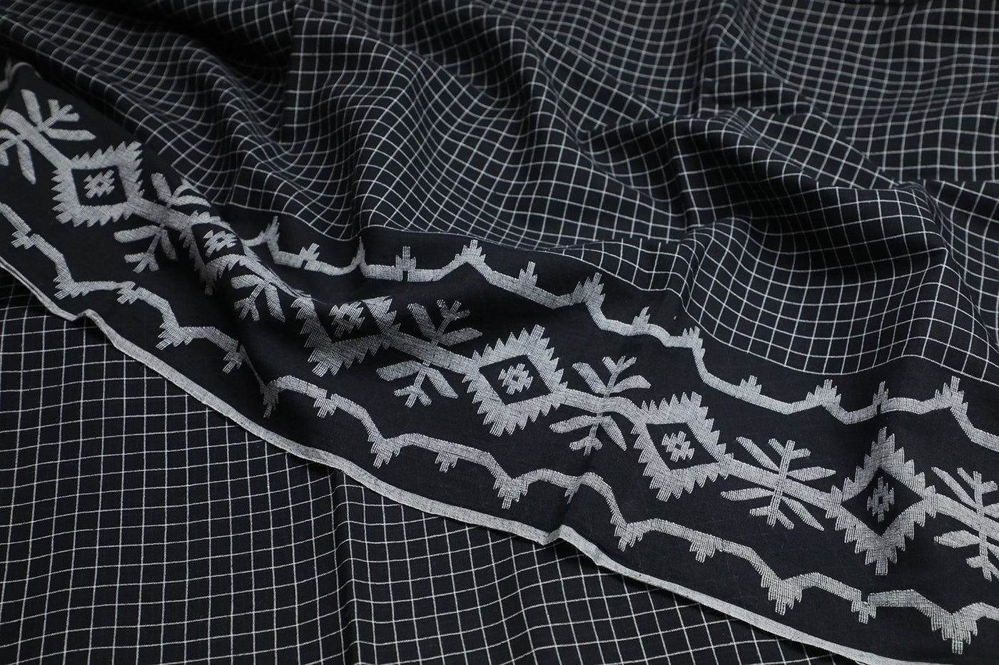 Black with Checks Jamdani Cotton Fabric - 2.8m