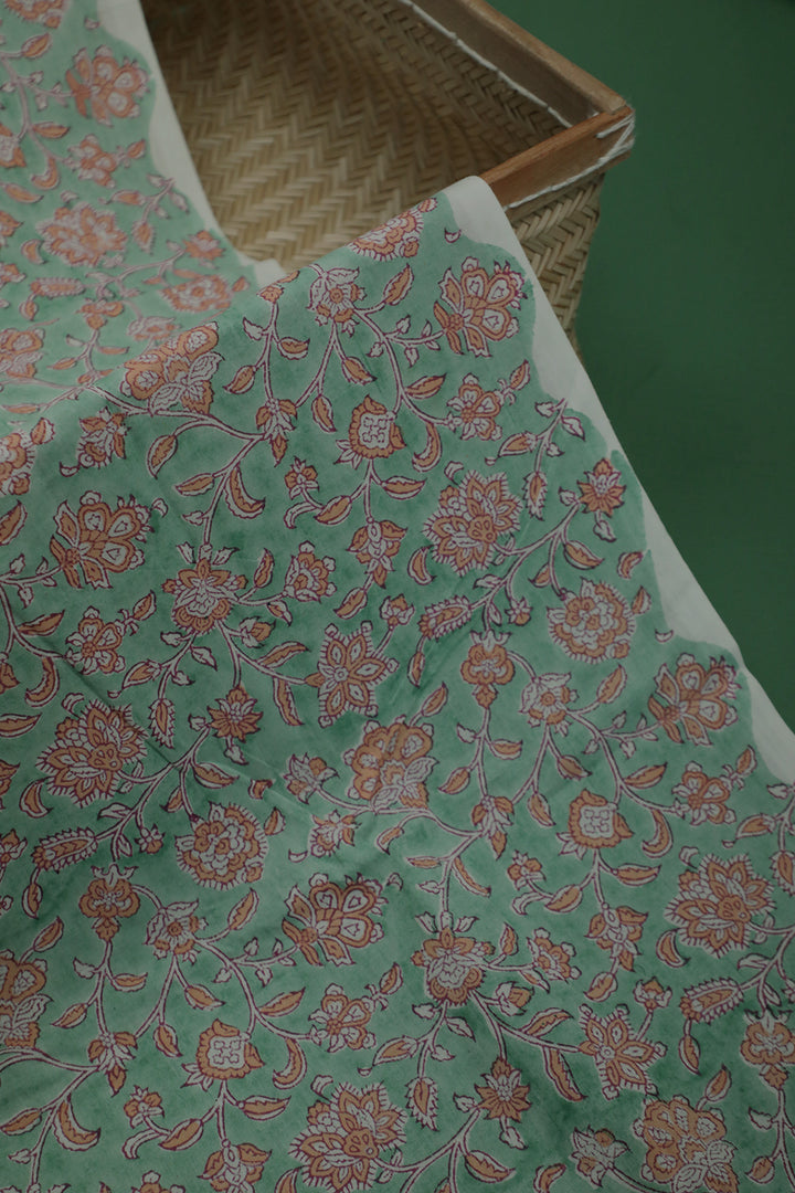 Orange Floral on Mint Green Sanganeri Cotton Fabric - 0.8m