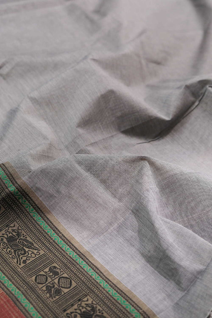 Elegant Border on Grey Kanchi Cotton Fabric-2m