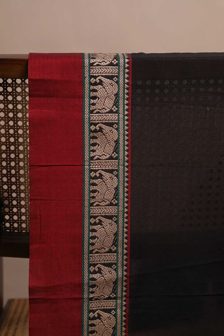Elephant Border on Black Narayanpet Cotton Fabric