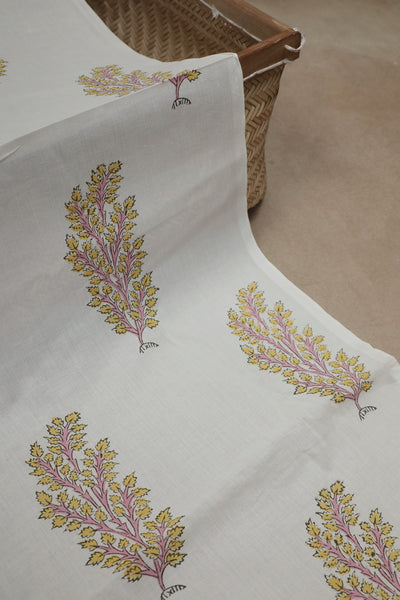 Pink & Yellow Big Butta on Cream Sanganeri Cotton Fabric