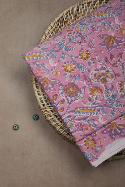 Garden Floral on Pink Sanganeri Cotton Fabric