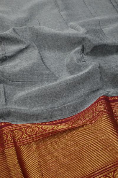 Grey with Gold Zari Border Narayanpet Cotton Fabric