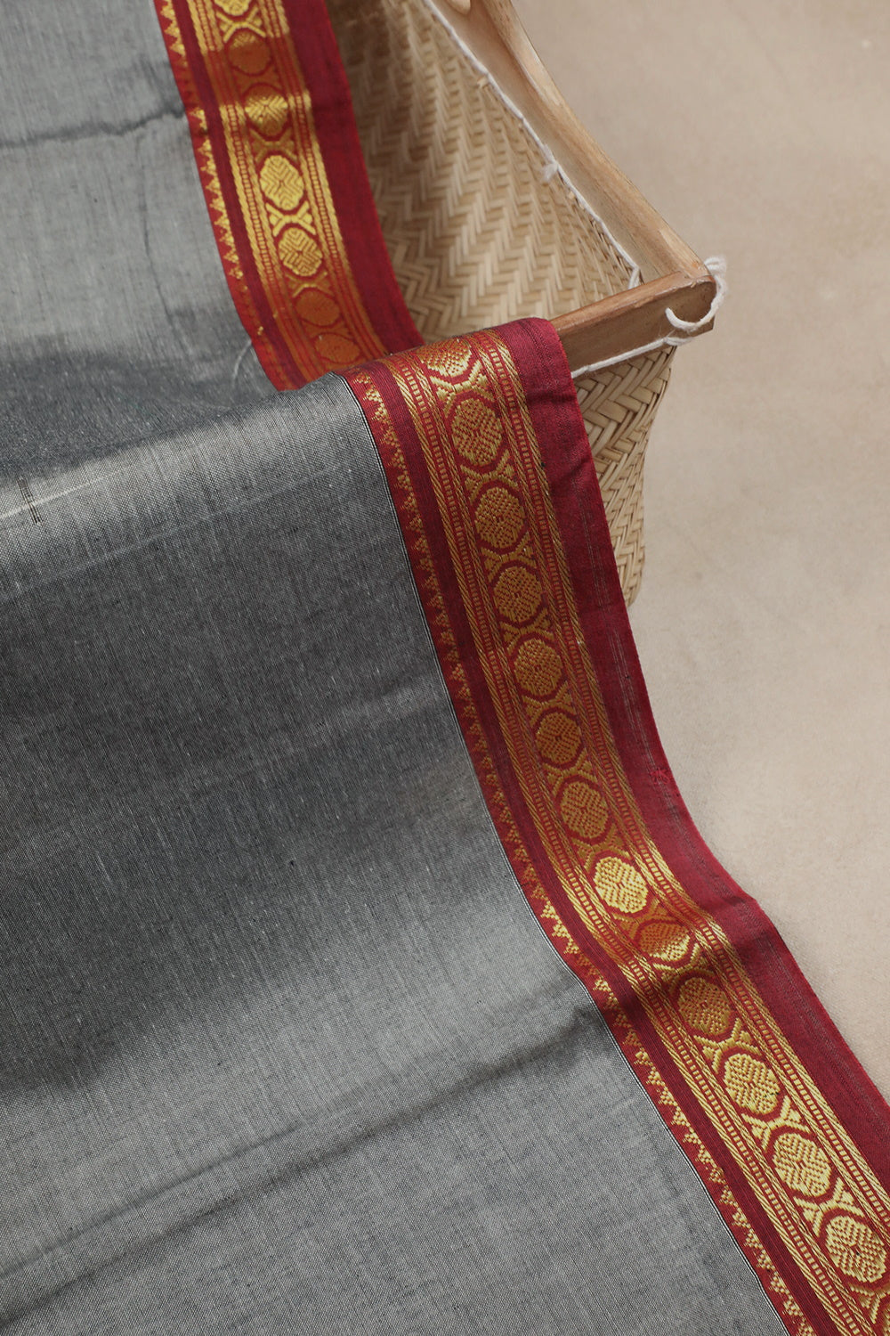 Grey with Gold Zari Border Narayanpet Cotton Fabric