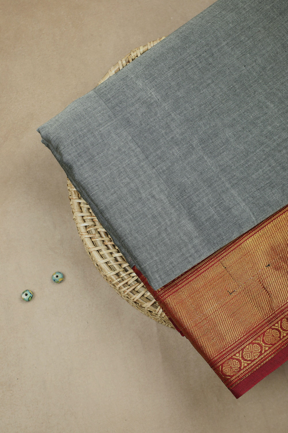 Grey with Gold Zari Border Narayanpet Cotton Fabric