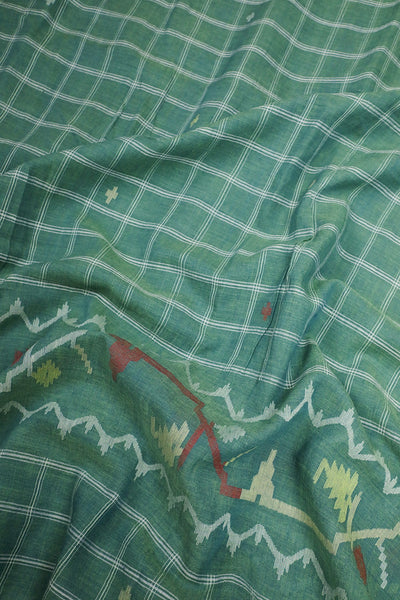 Checkered on Green Jamdani Cotton Border Fabric