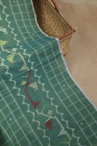 Checkered on Green Jamdani Cotton Border Fabric