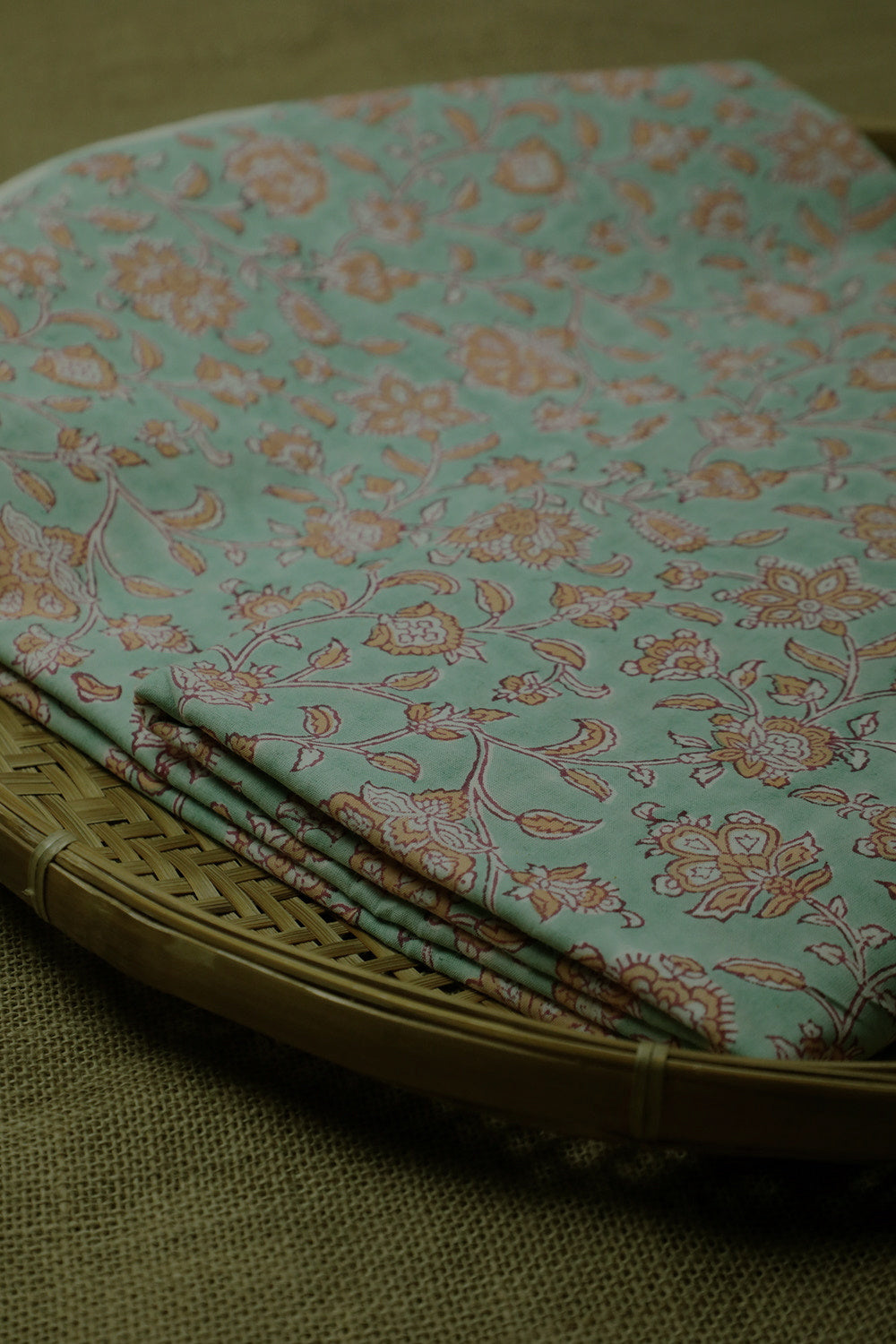 Orange Floral on Mint Green Sanganeri Cotton Fabric - 0.8m