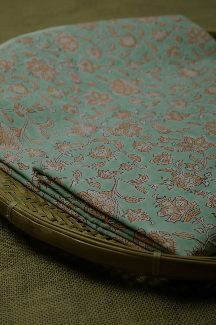Orange Floral on Mint Green Sanganeri Cotton Fabric - 0.8m