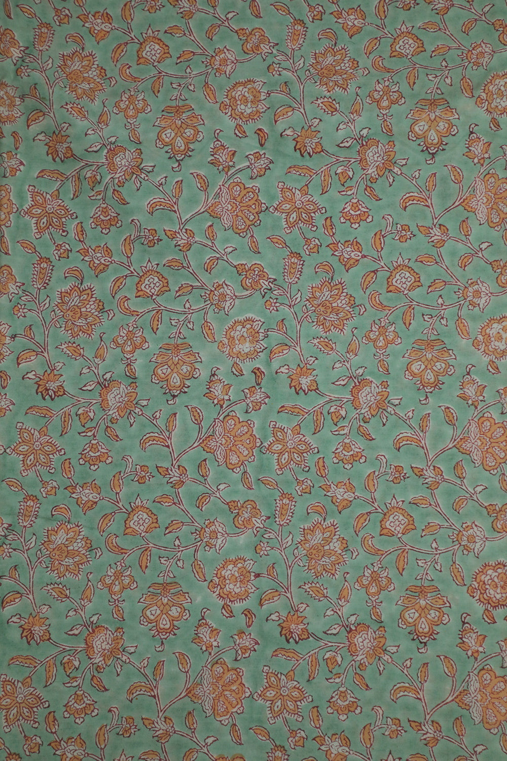 Orange Floral on Mint Green Sanganeri Cotton Fabric - 0.8m