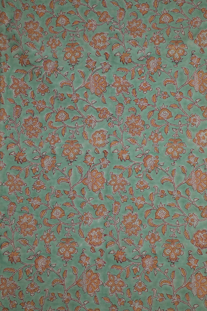 Orange Floral on Mint Green Sanganeri Cotton Fabric - 0.8m
