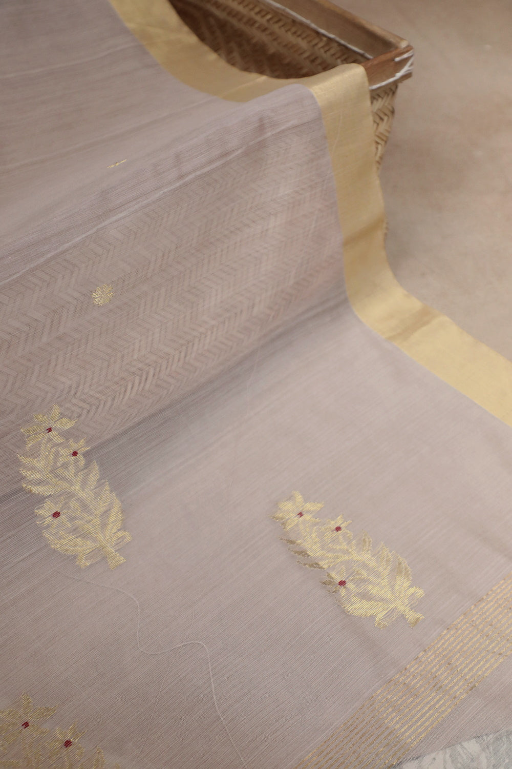 Golden Motifs on Pale Pink Handwoven Chanderi Top with Dupatta