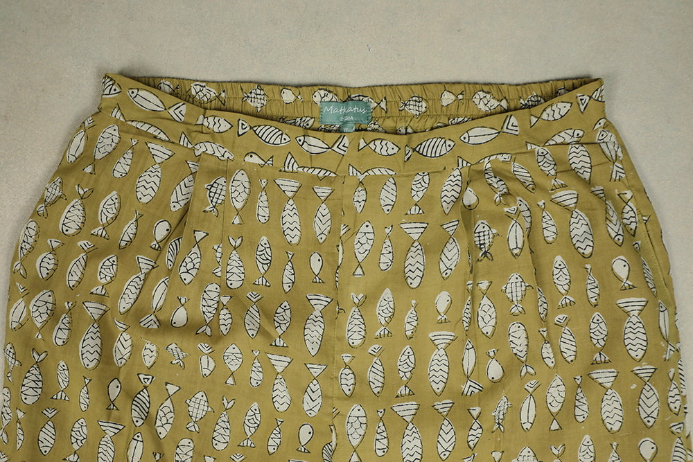 Fish Buttas on Fenugreek Yellow Block Printed Stitched Pant
