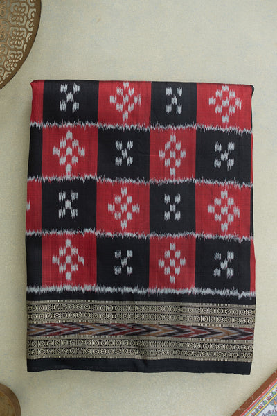 Red & Black Checked Ikat silk saree