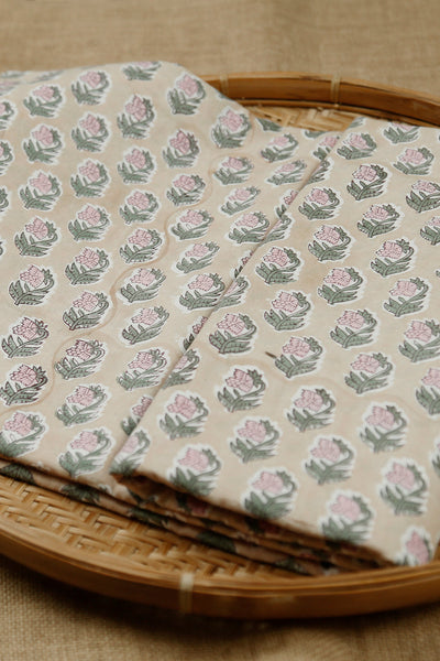Florals on Beige Sanganeri Cotton Fabric-0.65 m