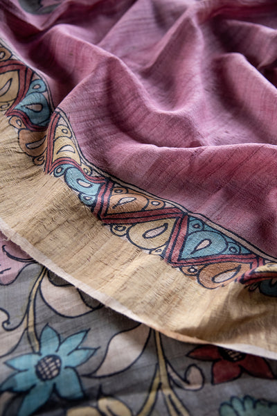 Grey with Pink Kalamkari Gicha Tussar Silk Saree