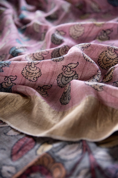 Floral on Grey Kalamkari Gicha Tussar Silk Saree