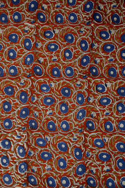 Blue Floral on Maroon Block Printed Cotton Fabric