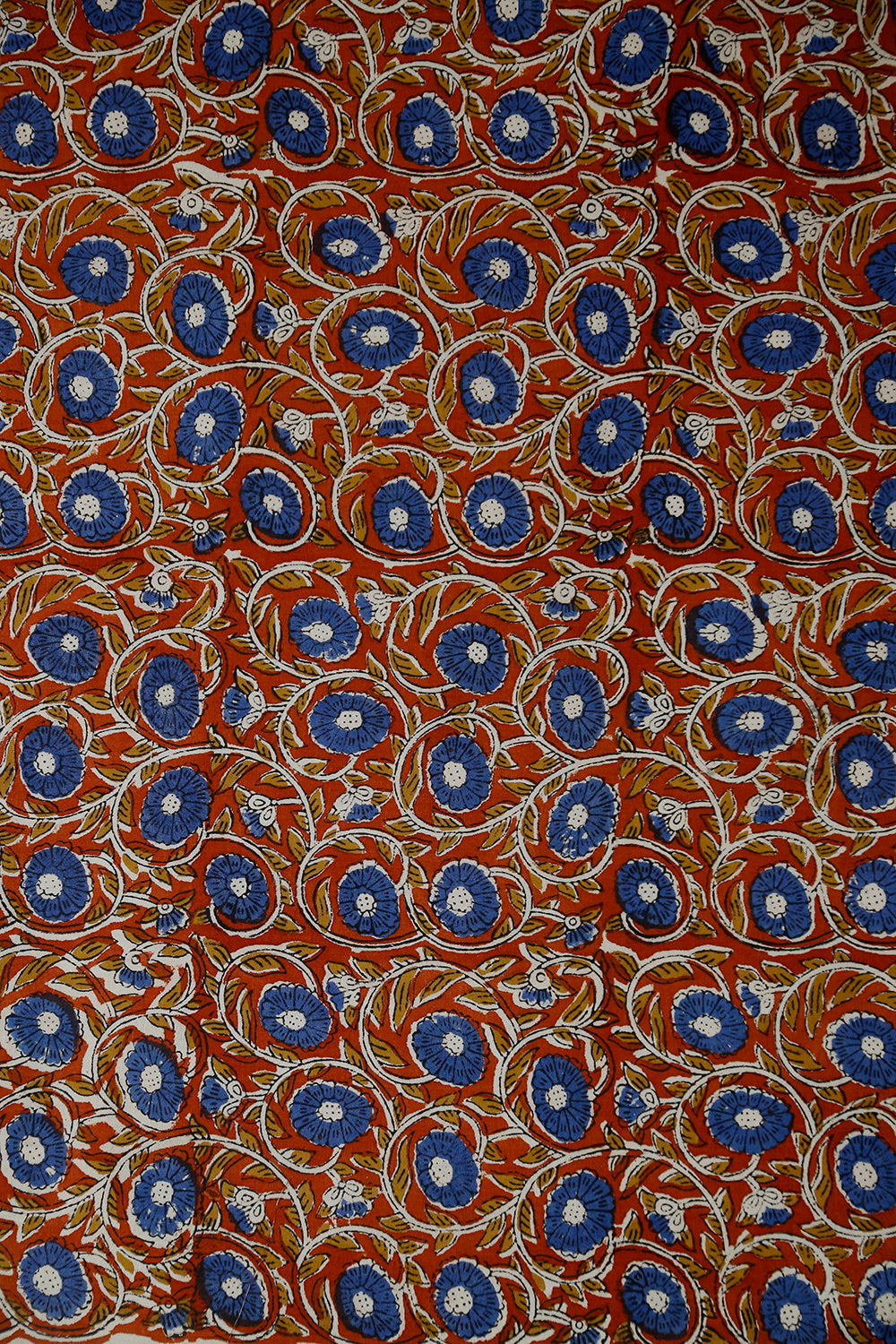 Blue Floral on Maroon Block Printed Cotton Fabric - 1.1m
