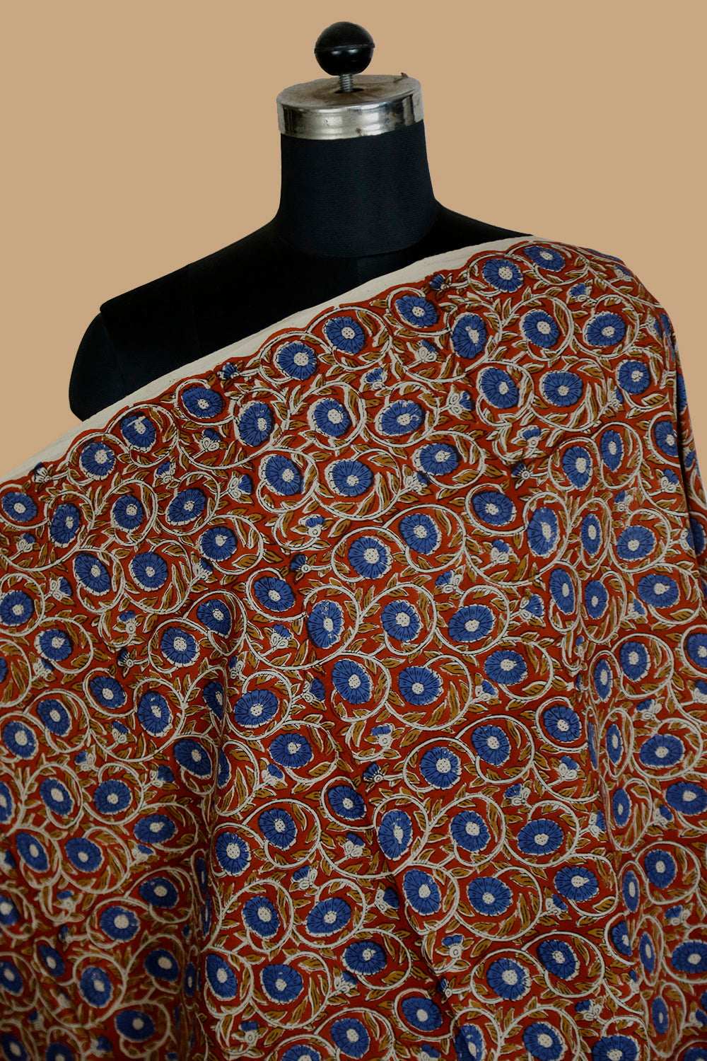 Blue Floral on Maroon Block Printed Cotton Fabric - 0.95m