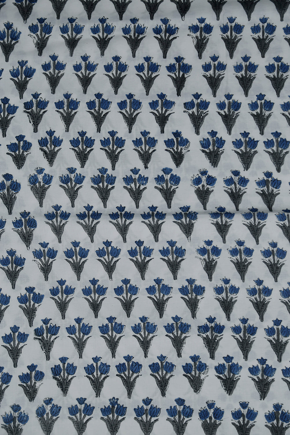 Blue Florets on Off-White Sanganeri Cotton Fabric
