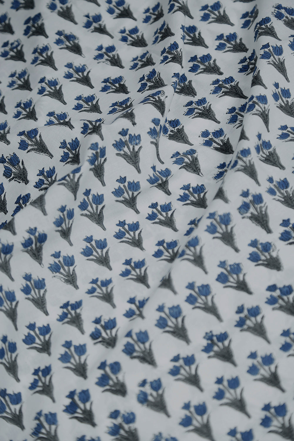 Blue Florets on Off-White Sanganeri Cotton Fabric
