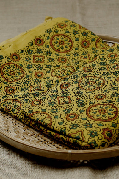 Maroon & Green Motifs on Yellow Block Printed Ajrak Cotton Fabric - 1.55m