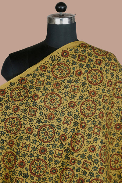 Maroon & Green Motifs on Yellow Block Printed Ajrak Cotton Fabric - 1.55m