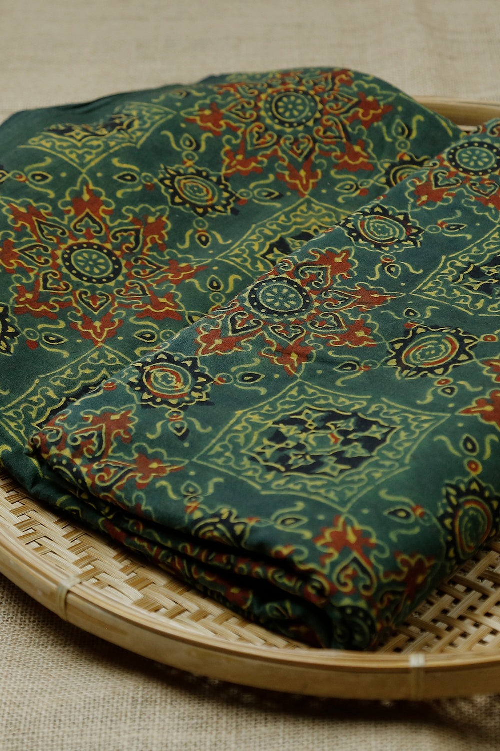 Intricate Floral on Dark Green Block Printed Ajrak Cotton Fabric - 1.75m
