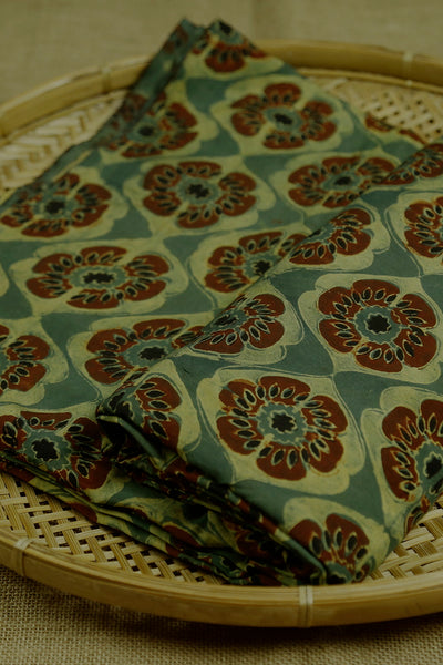 Maroon Floral on Green Block Printed Viscose Silk Cotton Fabric