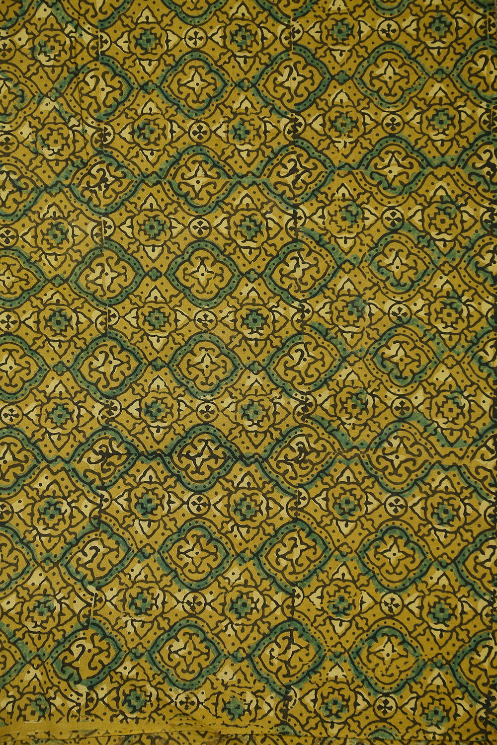 Green Motifs on Mustard Block Printed Ajrak Cotton Fabric - 1.2m
