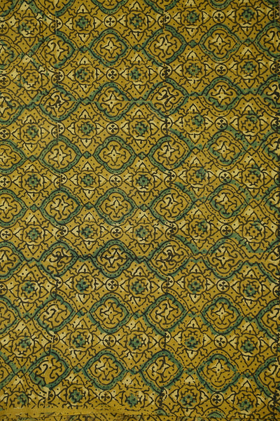 Green Motifs on Mustard Block Printed Ajrak Cotton Fabric - 1.2m