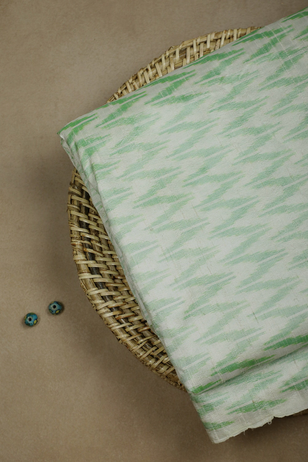 Off-White with Green Ikat Raw Silk Fabric