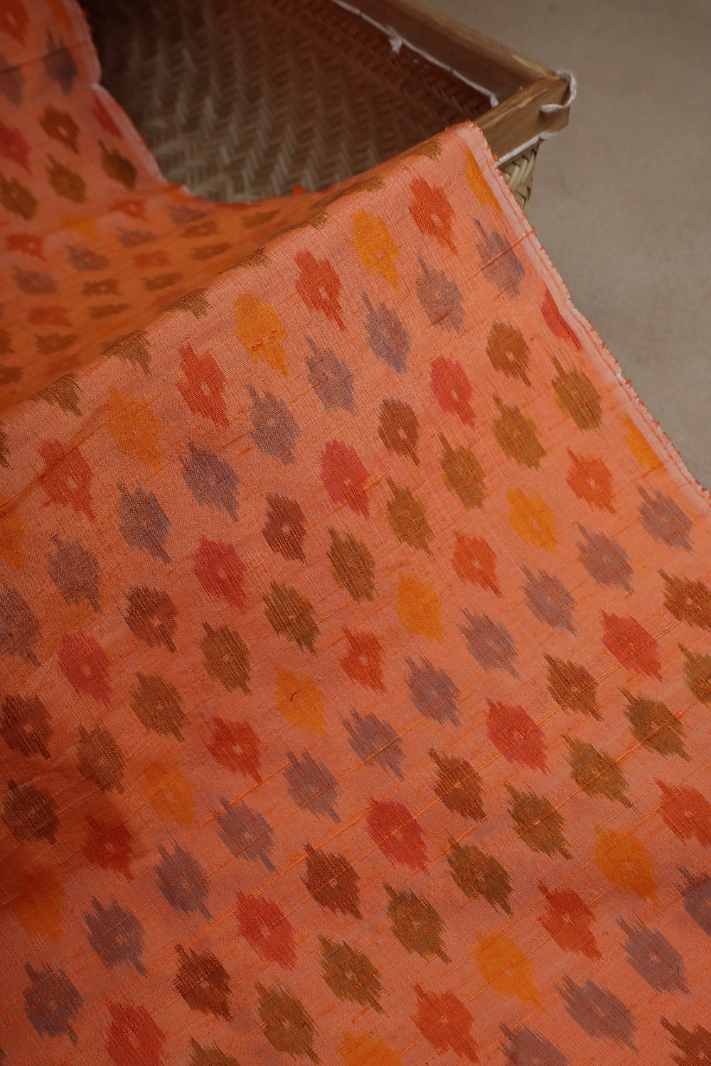 Orange with Motifs Ikat Raw Silk Fabric