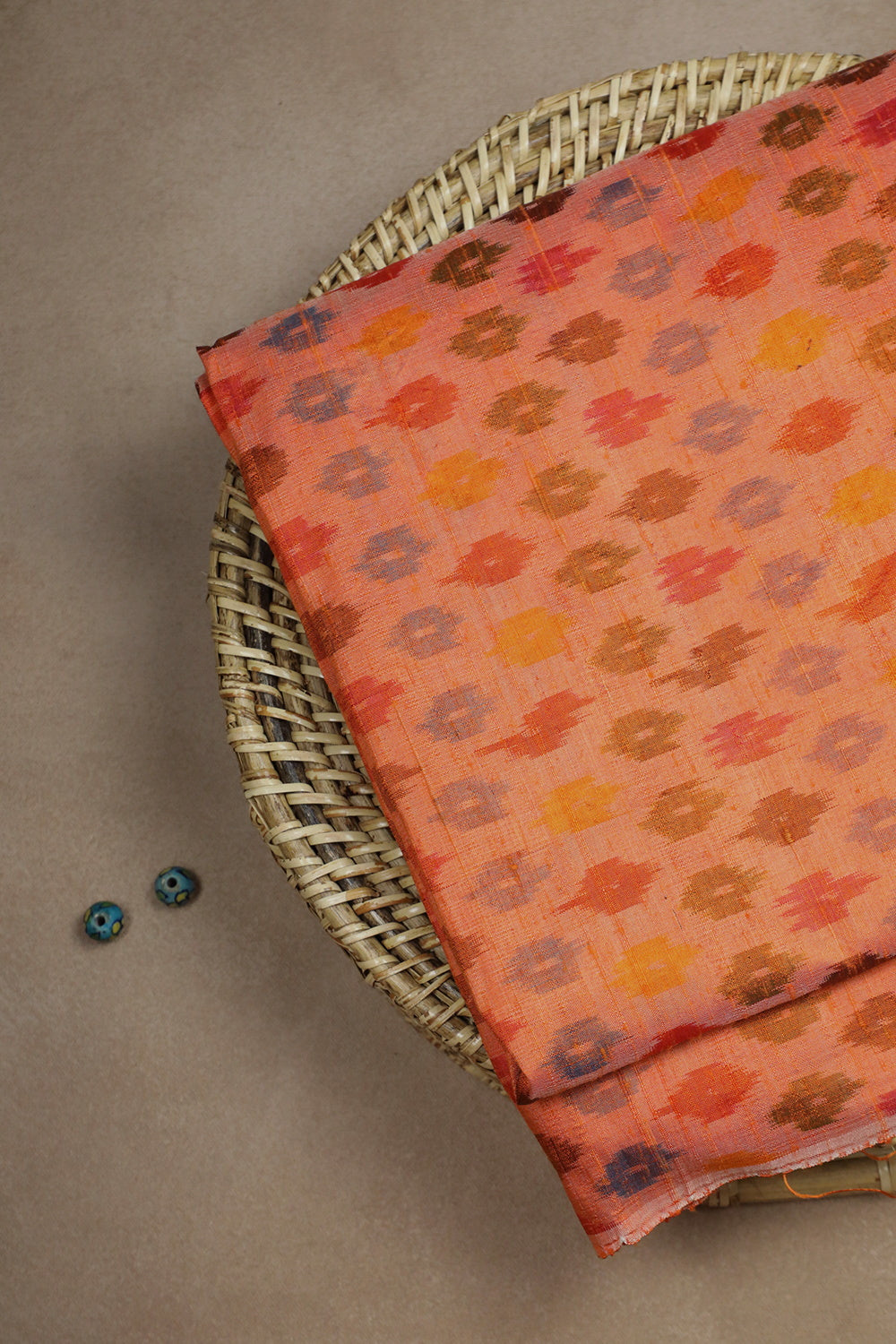Orange with Motifs Ikat Raw Silk Fabric
