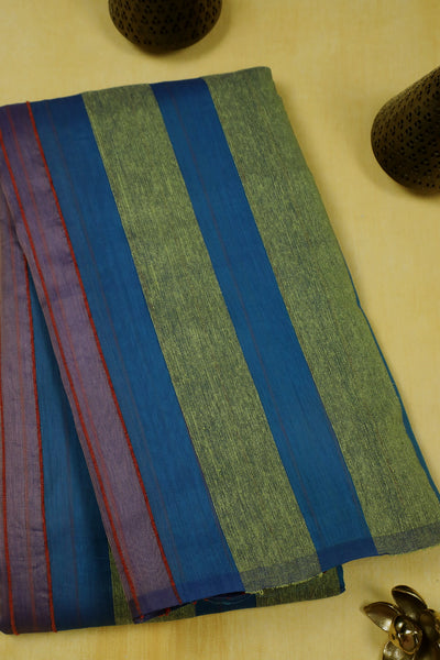 Dark Blue Kora Silk Cotton Saree with veritical stripes