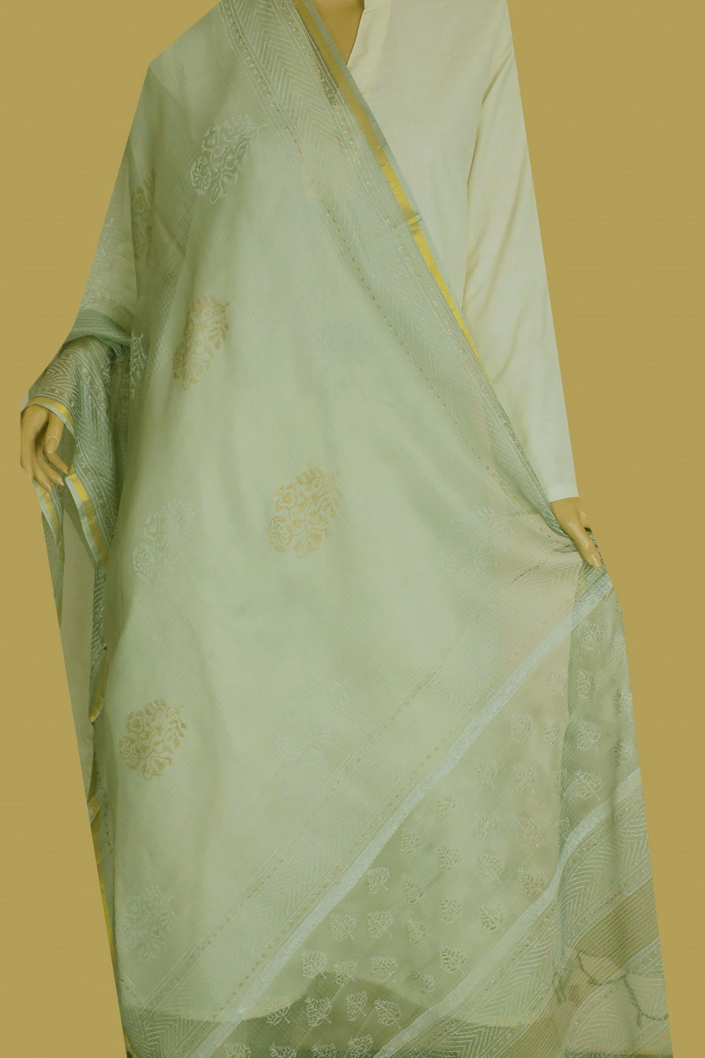 Steel Grey Block Printed Kota Silk Dupatta