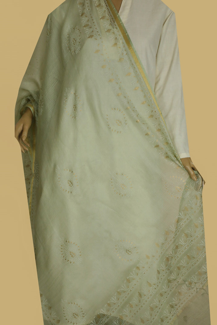 Very Light Green Block Printed Kota Silk Dupatta