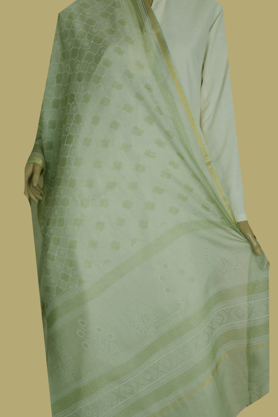Baby Green Block Printed Kota Silk Dupatta