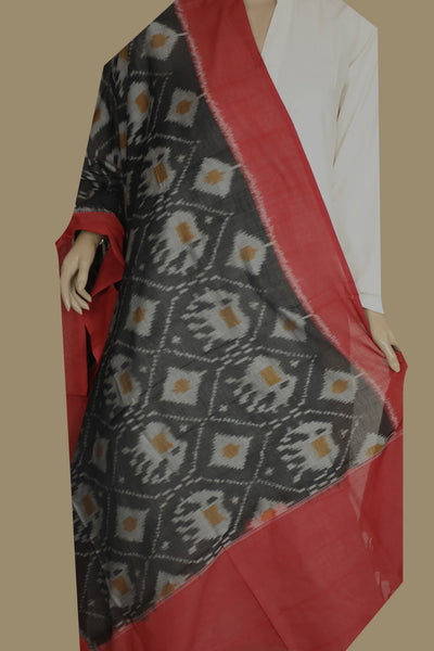 Black with Elephants Butta Mercerized Ikat Cotton Dupatta