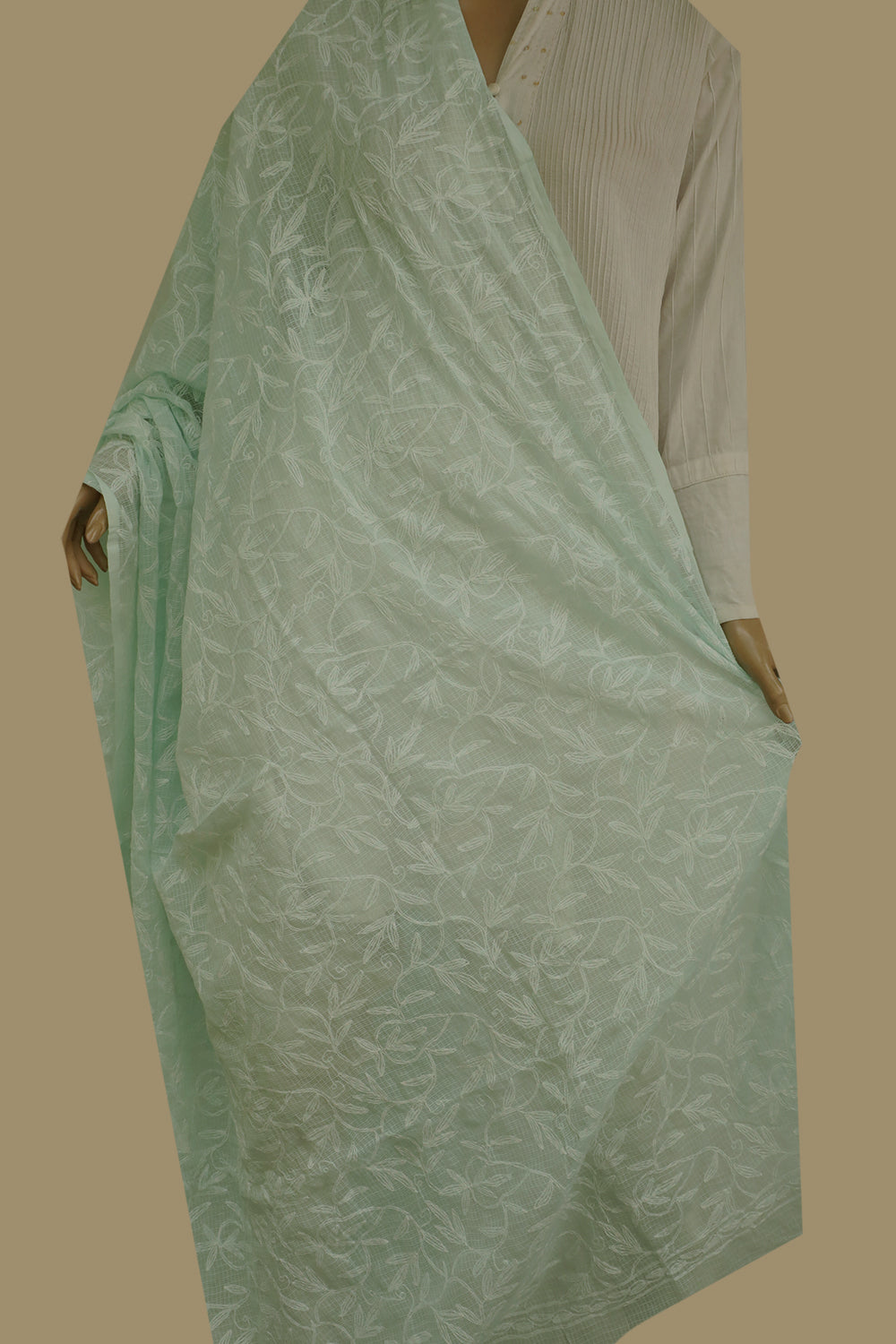 Off-White Florals on Green Kota Cotton Tepchi Chikankari Dupatta