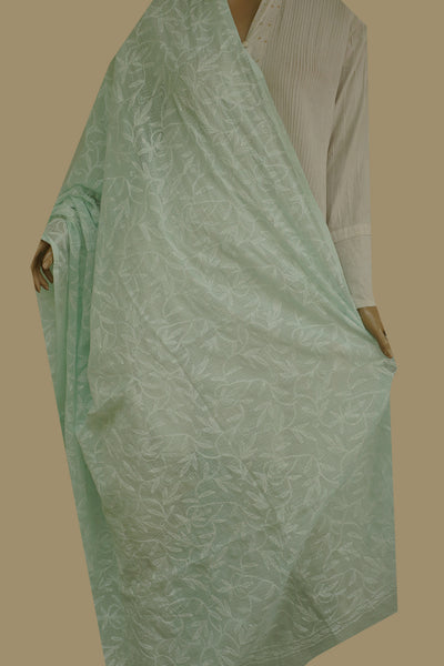 Off-White Florals on Green Kota Cotton Tepchi Chikankari Dupatta