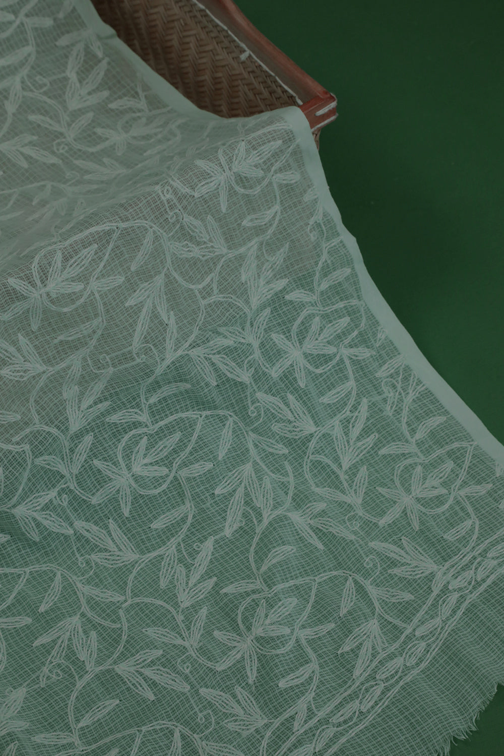 Off-White Florals on Green Kota Cotton Tepchi Chikankari Dupatta