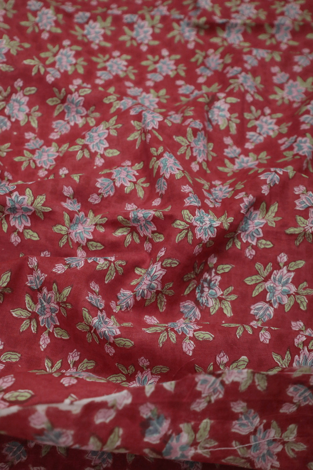 Dark Red with Floral Sanganeri Cotton Fabric - 1.2m