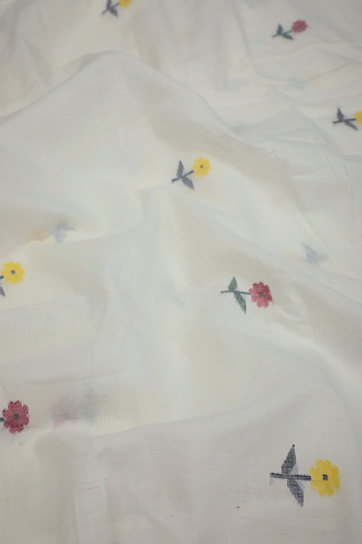 Floral Butta on Off-White Jamdani Cotton Fabric - 0.8m