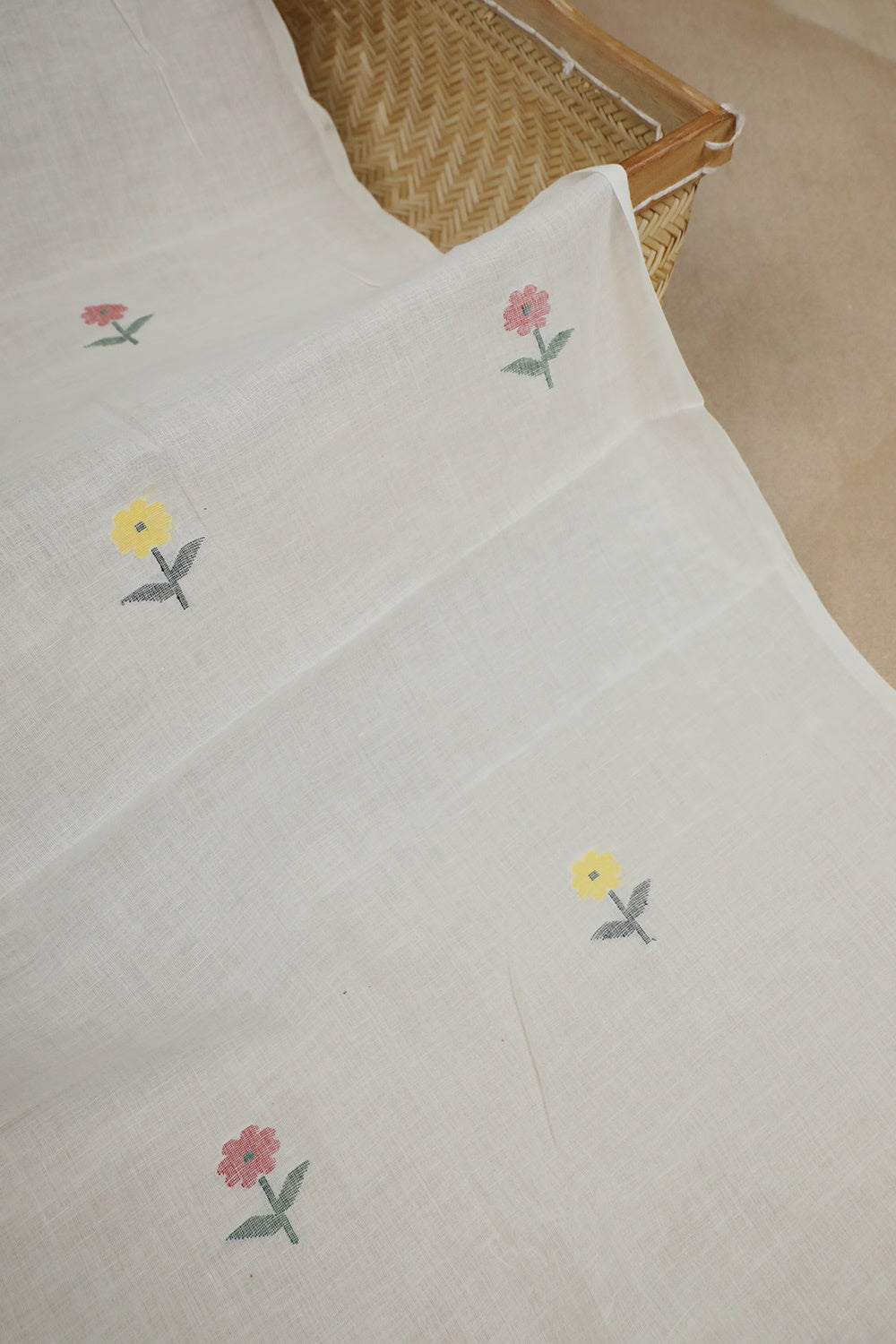 Floral Butta on Off-White Jamdani Cotton Fabric - 0.8m