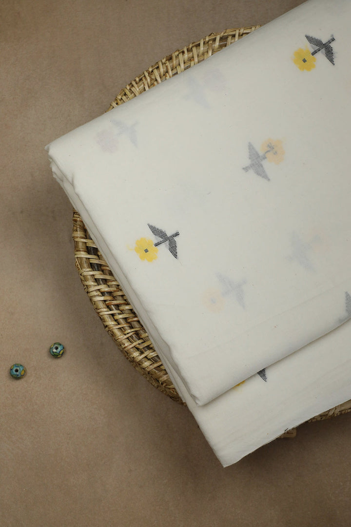 Floral Butta on Off-White Jamdani Cotton Fabric - 0.8m