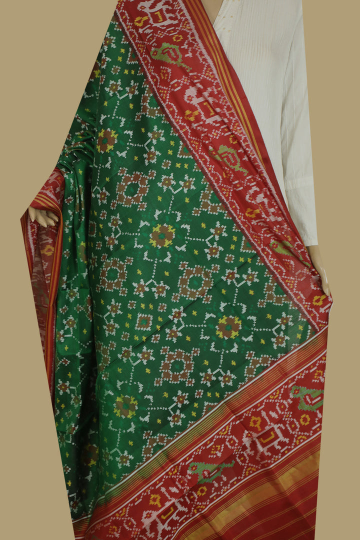 Pakata Pattern Buy Forest Green with Red Patola Silk Ikat Dupatta-Matkatus